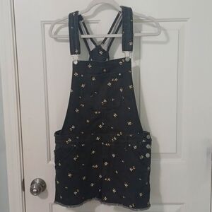 Floral Black Denim Short Overalls